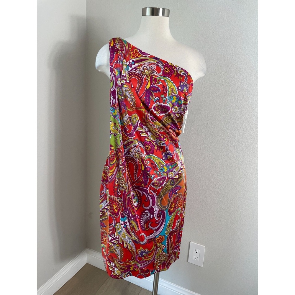 NEW Lauren Ralph Lauren Womens 8 One Shoulder Satin Dress Floral Cocktail Party